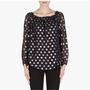 Joseph Ribkoff Midnight Blue Gold Dot Ruffle Collar Long Sleeve Top Style 181608